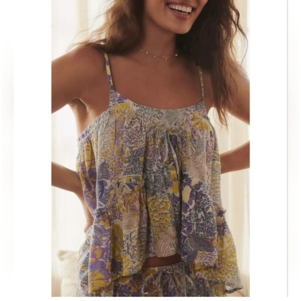 By Anthropology Floral Raw Hem Camisole In Purple and Yellow Size L